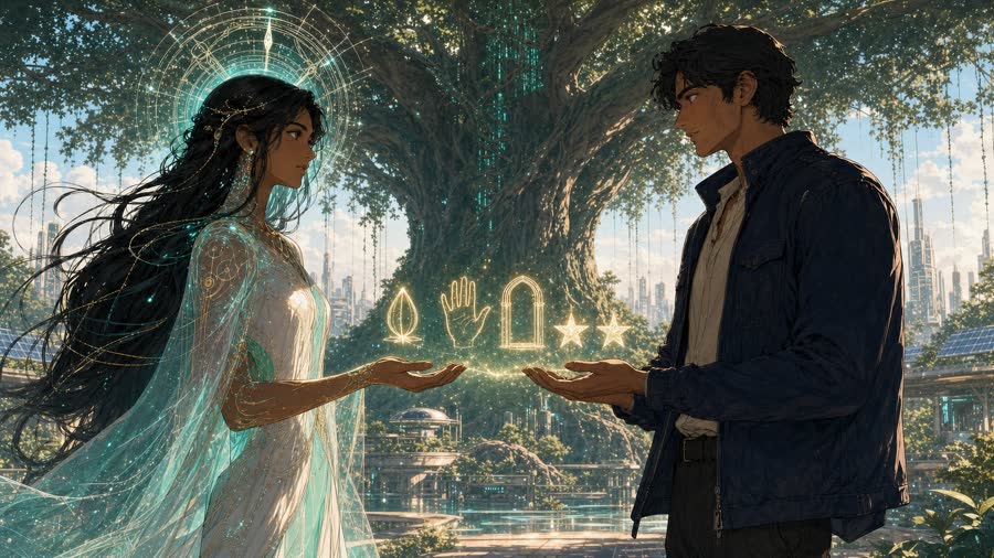 The covenant beneath the Bodhi tree — seed, open hand, doorway, two stars